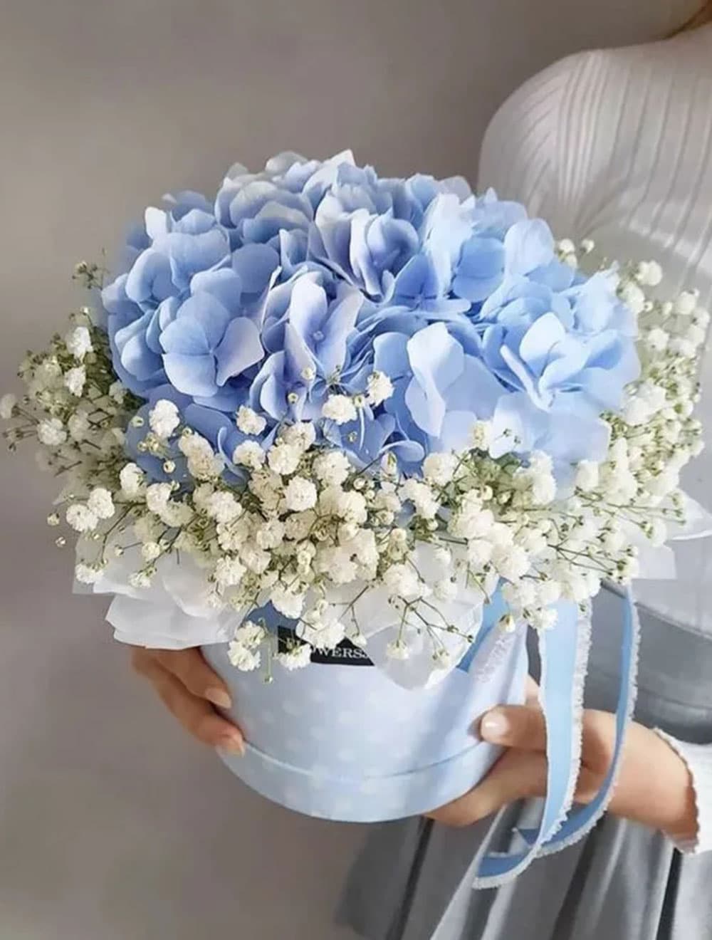 Коробка с гортензией и гипсофилой